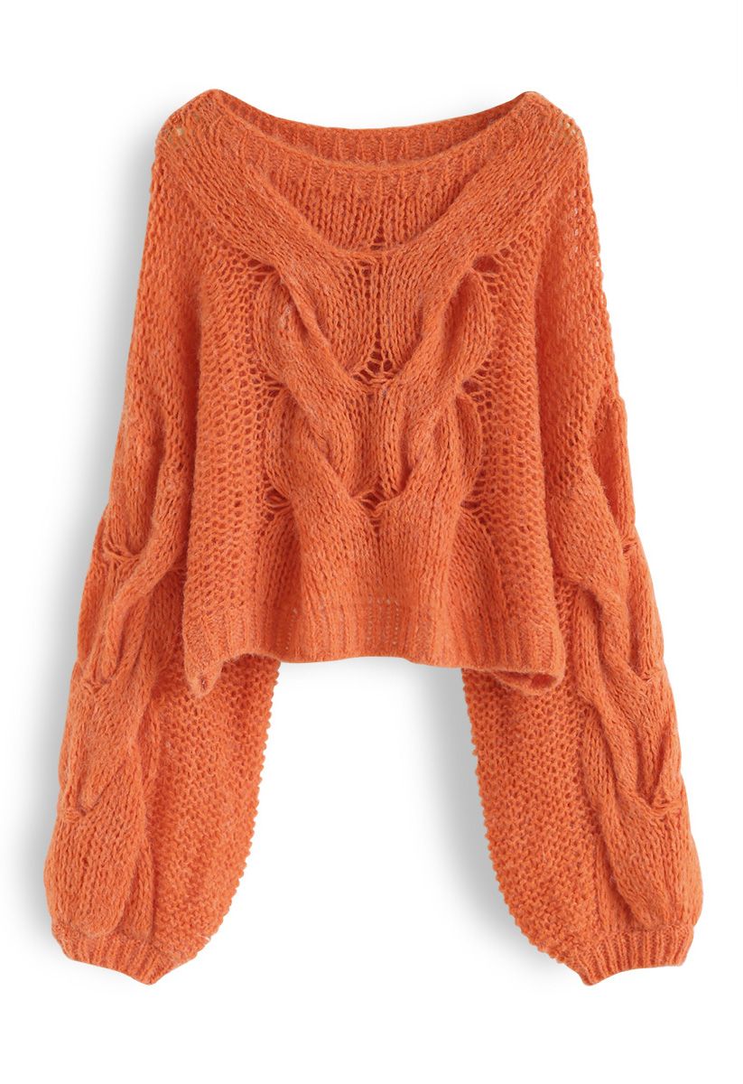 Hand-Knit Puff Sleeves Sweater in Orange