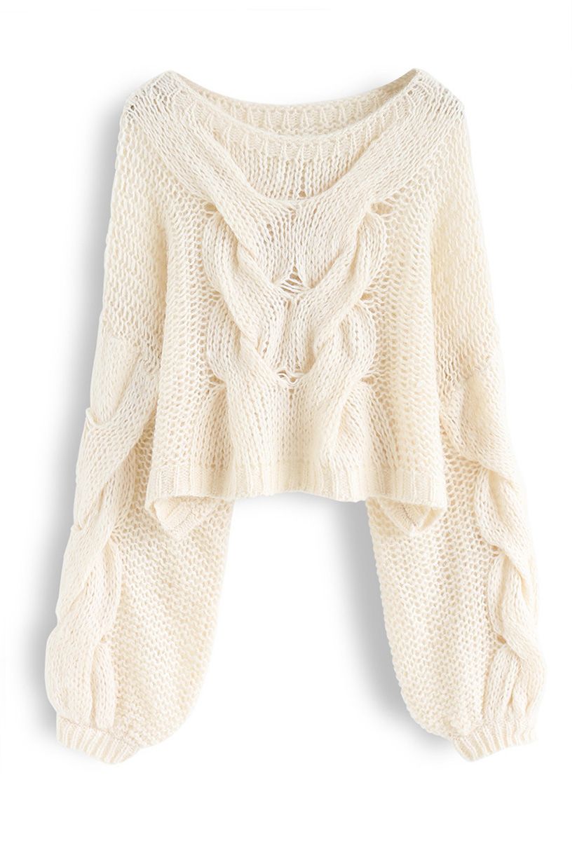 Hand-Knit Puff Sleeves Sweater in Cream