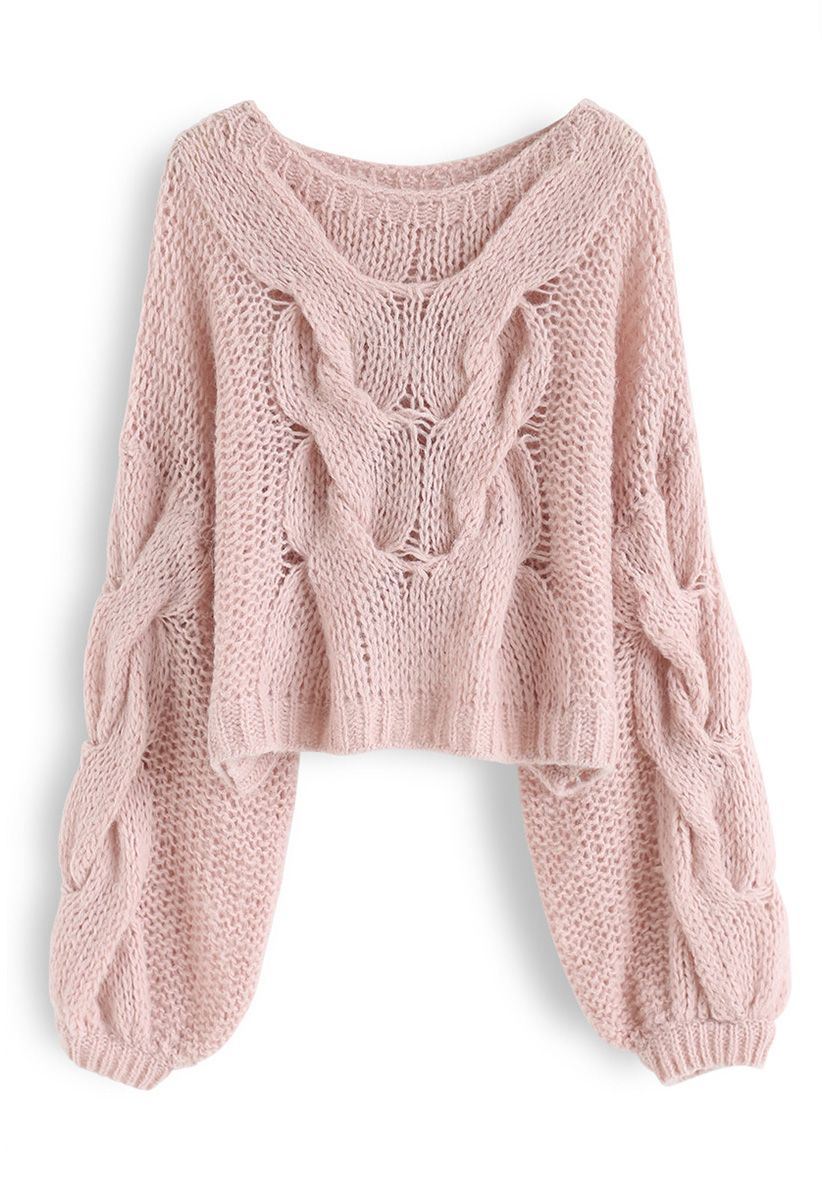 Hand-Knit Puff Sleeves Sweater in Pink