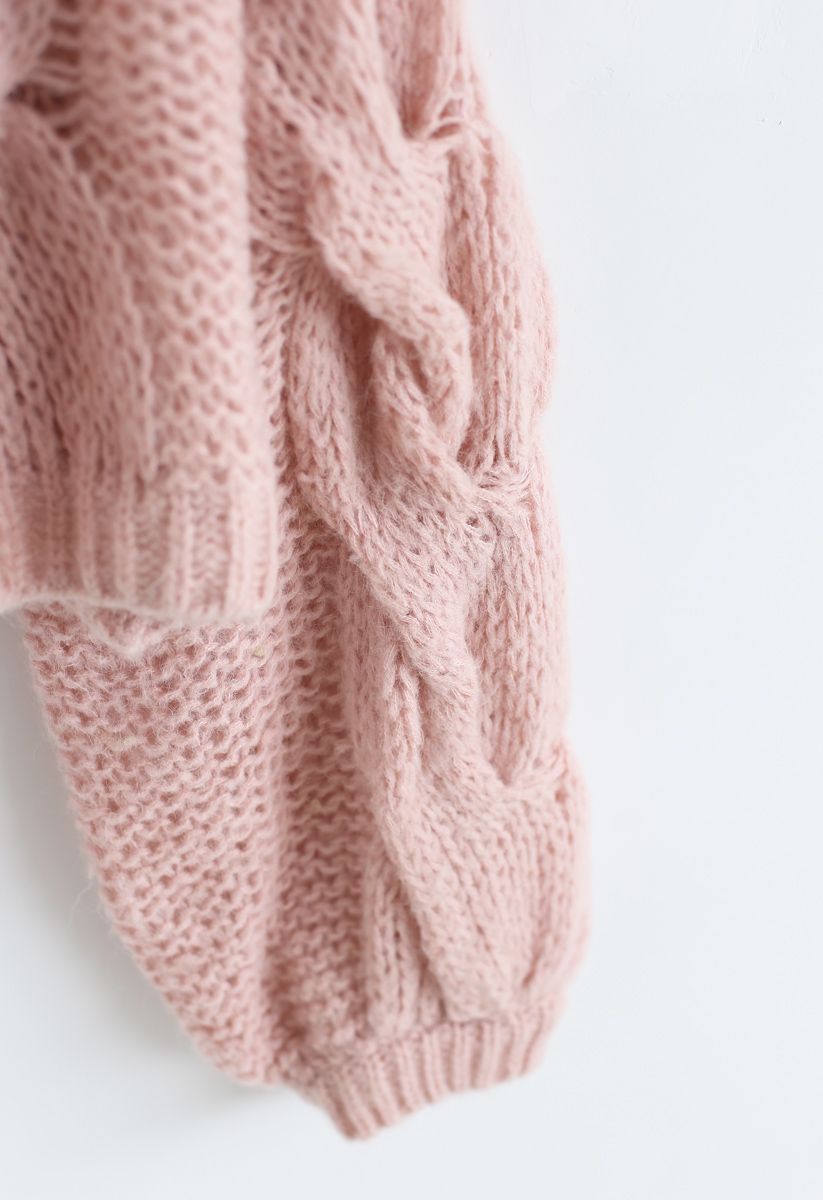 Hand-Knit Puff Sleeves Sweater in Pink