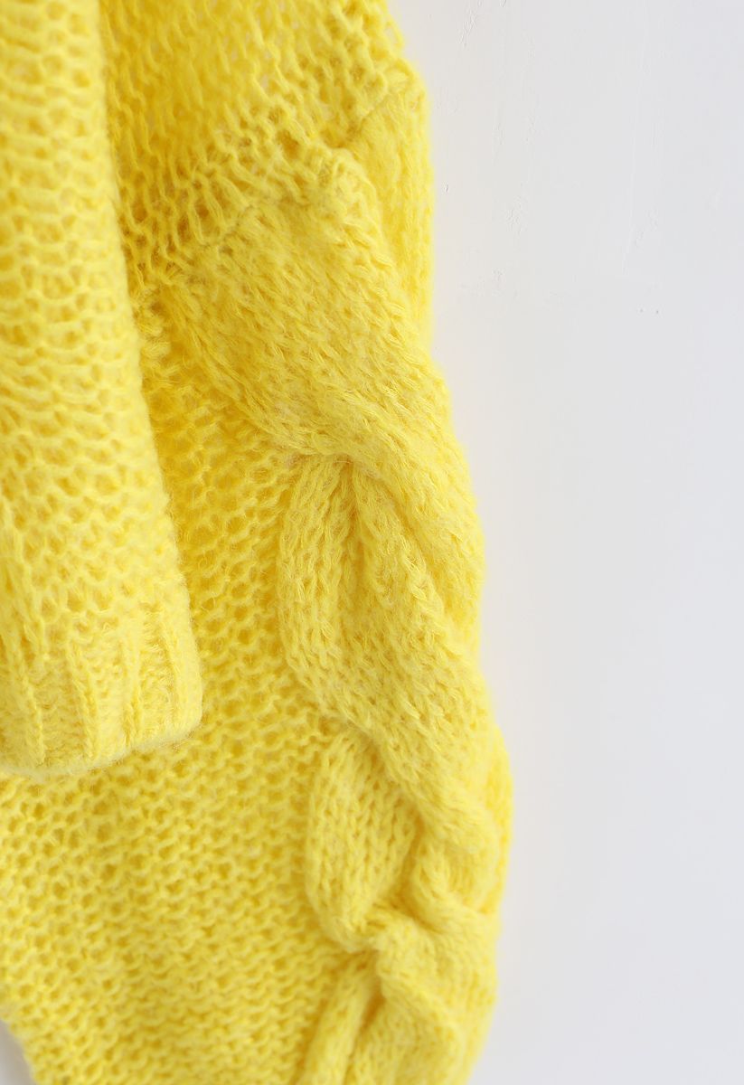 Hand-Knit Puff Sleeves Sweater in Yellow