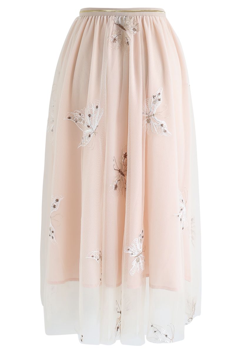 Butterfly Embroidered Double-Layered Mesh Midi Skirt