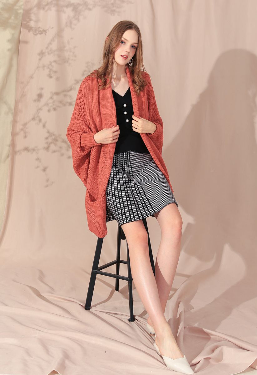 Open Front Drape Knit Cardigan in Coral