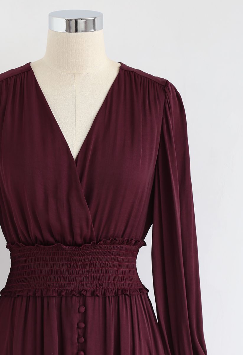 Satin Button Down Wrap Midi Dress in Wine