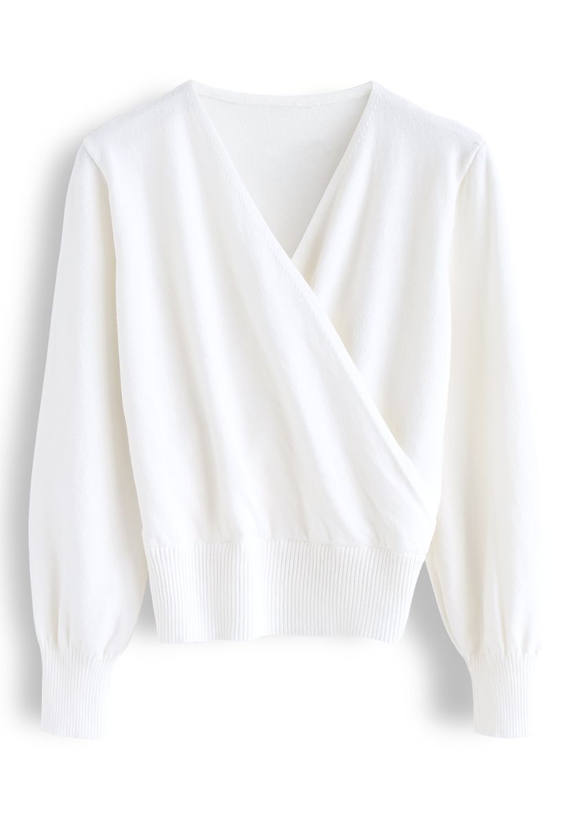 Basic Soft Wrapped Knit Top in White