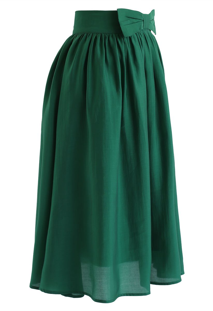 Bowknot Waist Pleated Midi Skirt in Emerald