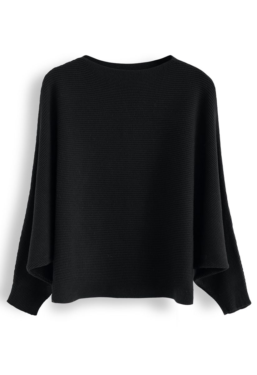 Boat Neck Batwing Sleeves Knit Top in Black