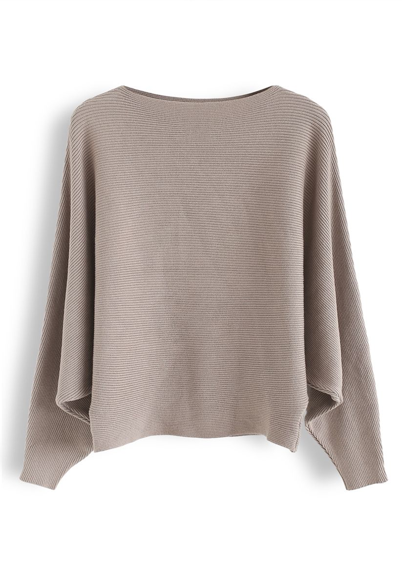 Boat Neck Batwing Sleeves Knit Top in Taupe