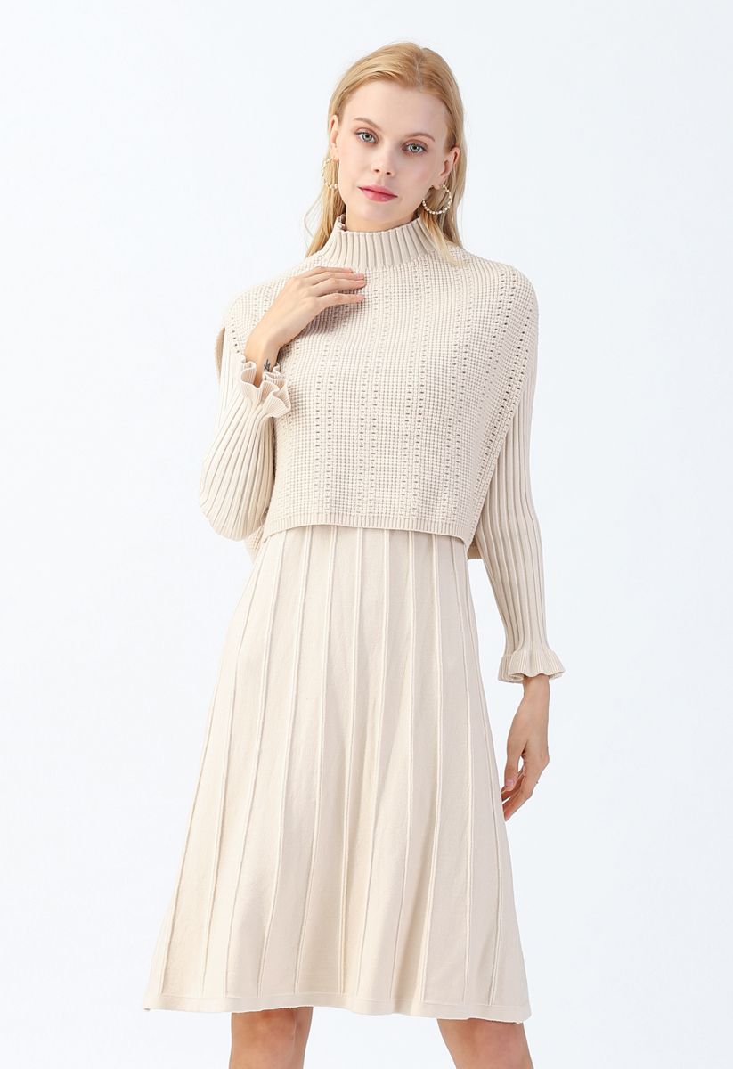 Mock Neck Pleated Knit Twinset Dress in Cream