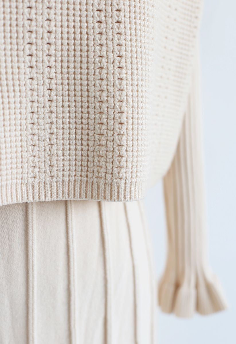 Mock Neck Pleated Knit Twinset Dress in Cream