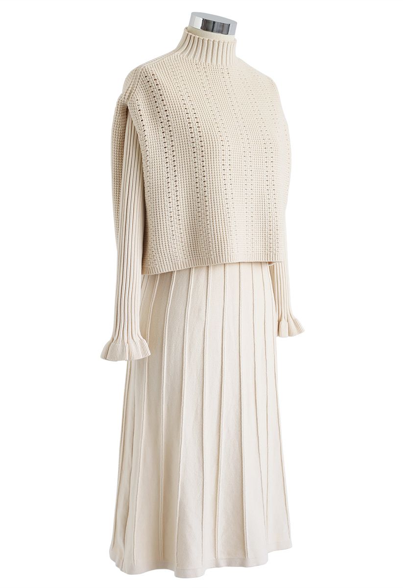 Mock Neck Pleated Knit Twinset Dress in Cream