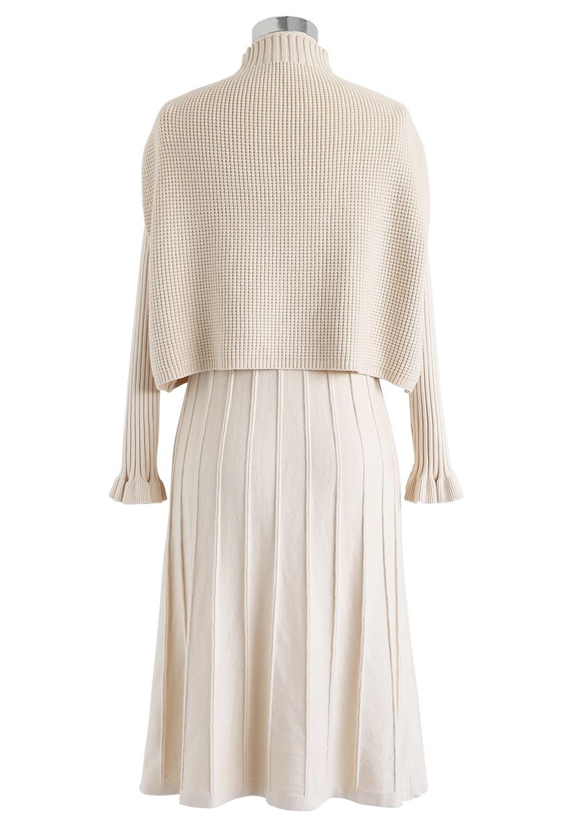 Mock Neck Pleated Knit Twinset Dress in Cream