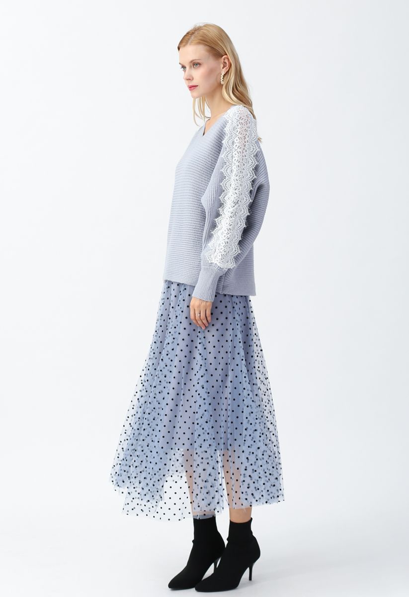 Full Polka Dots Double-Layered Mesh Tulle Skirt in Baby Blue