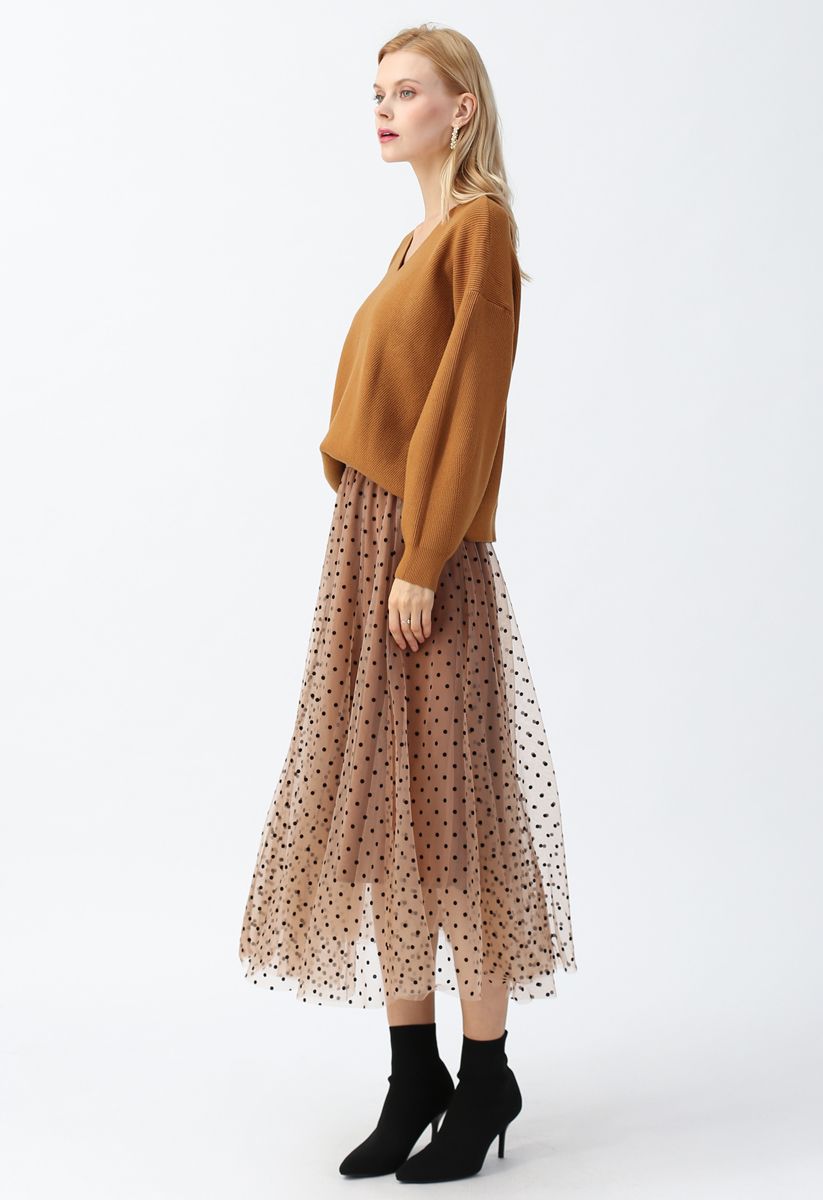 Full Polka Dots Double-Layered Mesh Tulle Skirt in Caramel