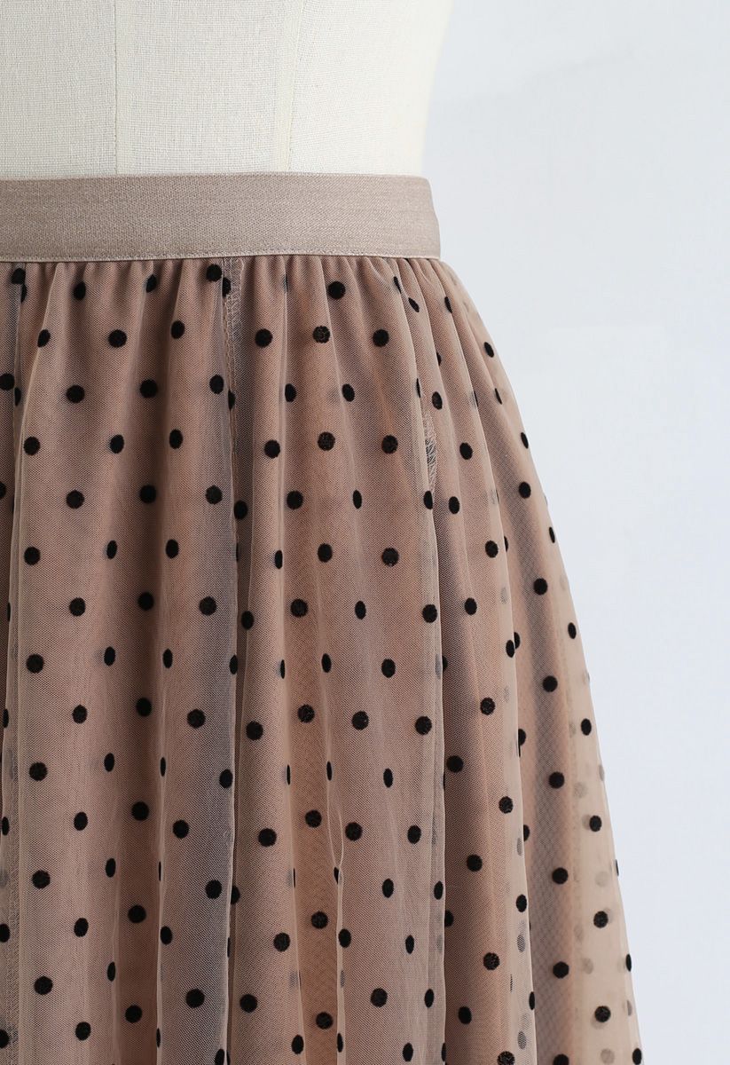 Full Polka Dots Double-Layered Mesh Tulle Skirt in Caramel