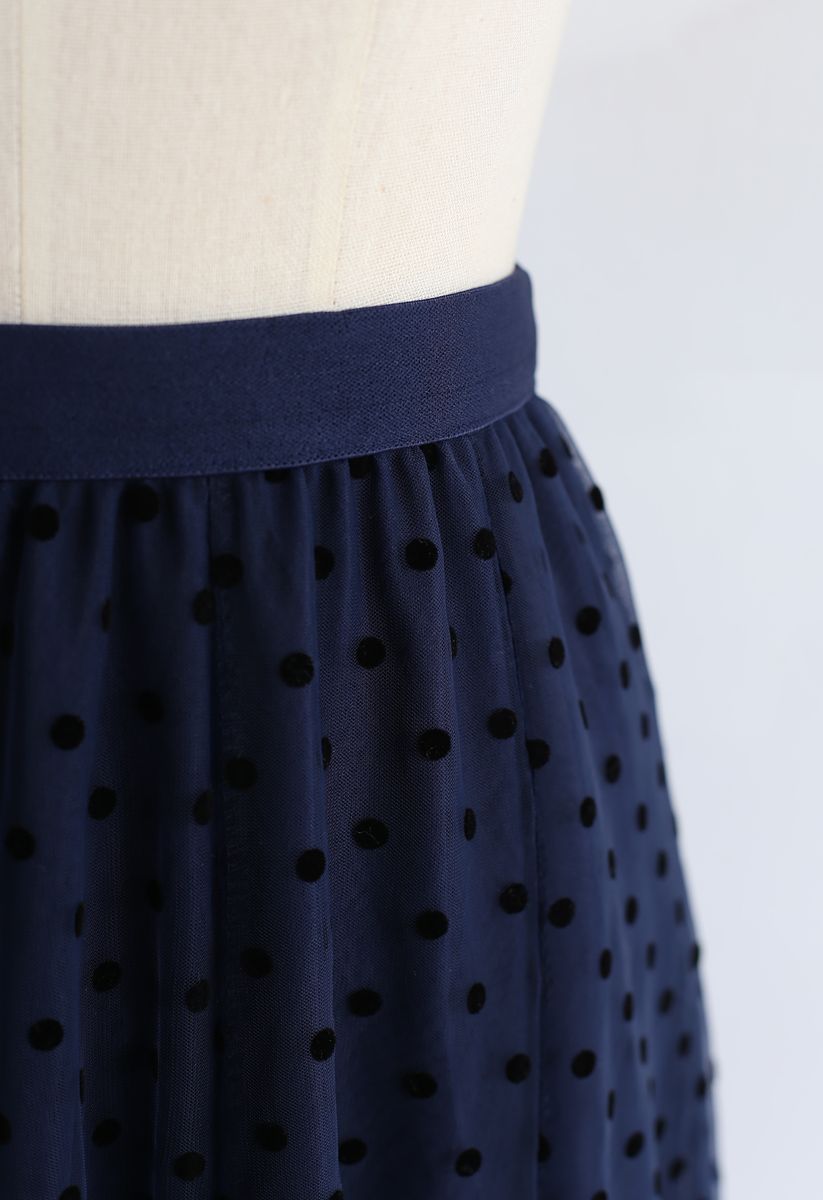 Full Polka Dots Double-Layered Mesh Tulle Skirt in Navy