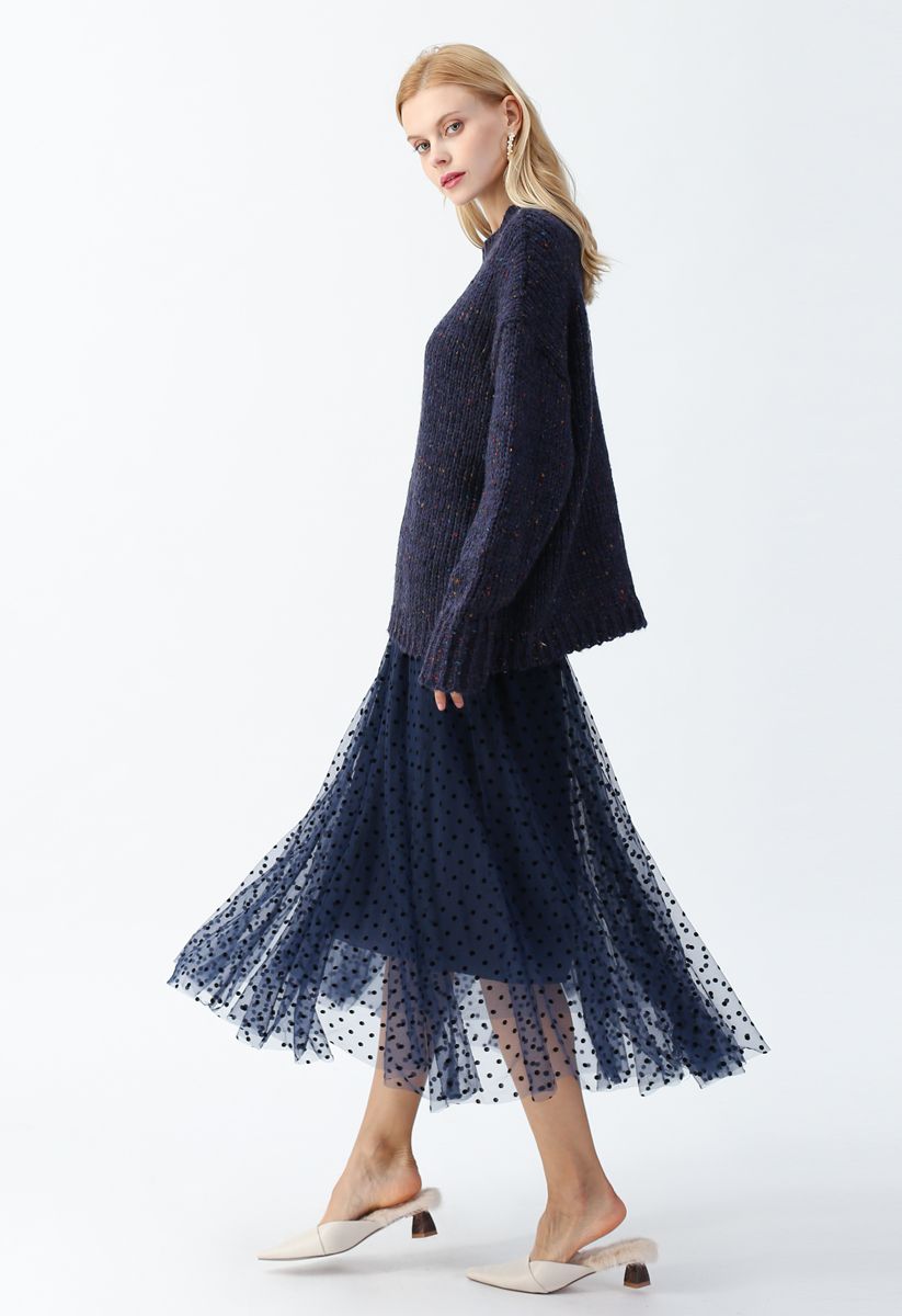 Full Polka Dots Double-Layered Mesh Tulle Skirt in Navy