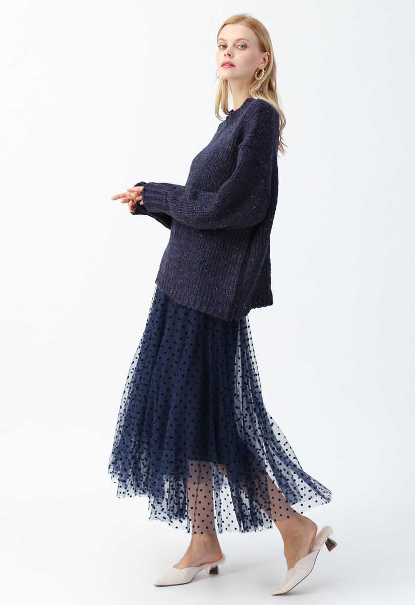 Full Polka Dots Double-Layered Mesh Tulle Skirt in Navy