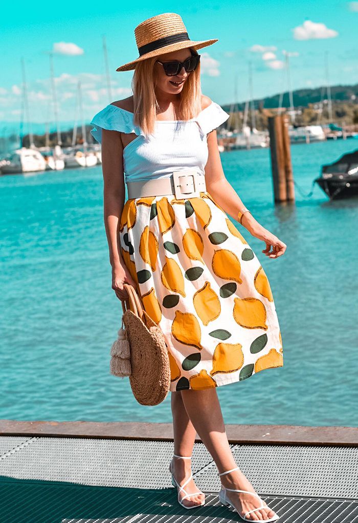 Summer Cool Lemon A-Line Midi Skirt 