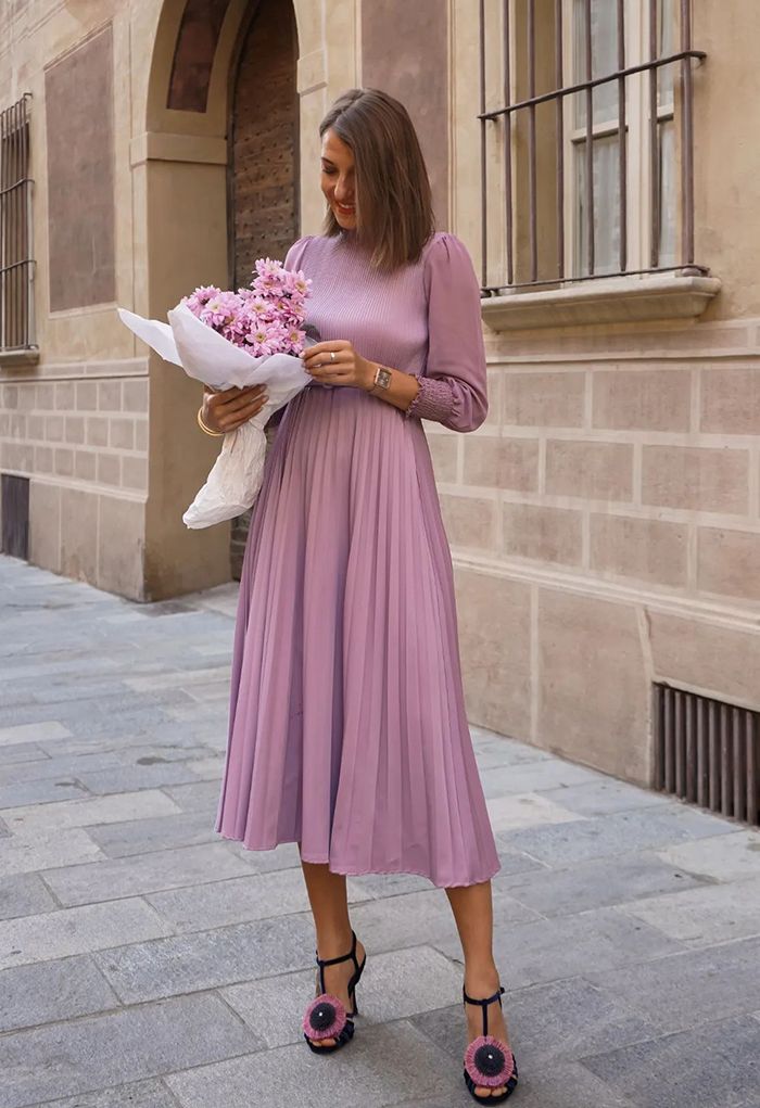 Full Pleated Belted Maxi Dress in Lilac