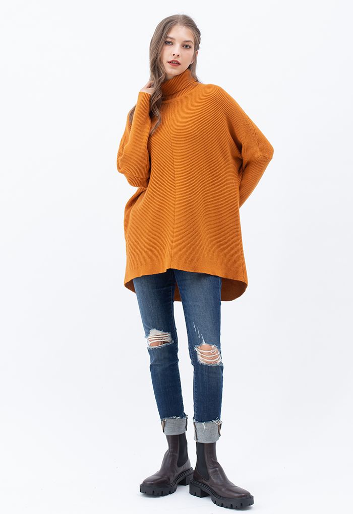 Effortless Chic Turtleneck Batwing Sleeve Hi-Lo Sweater in Caramel