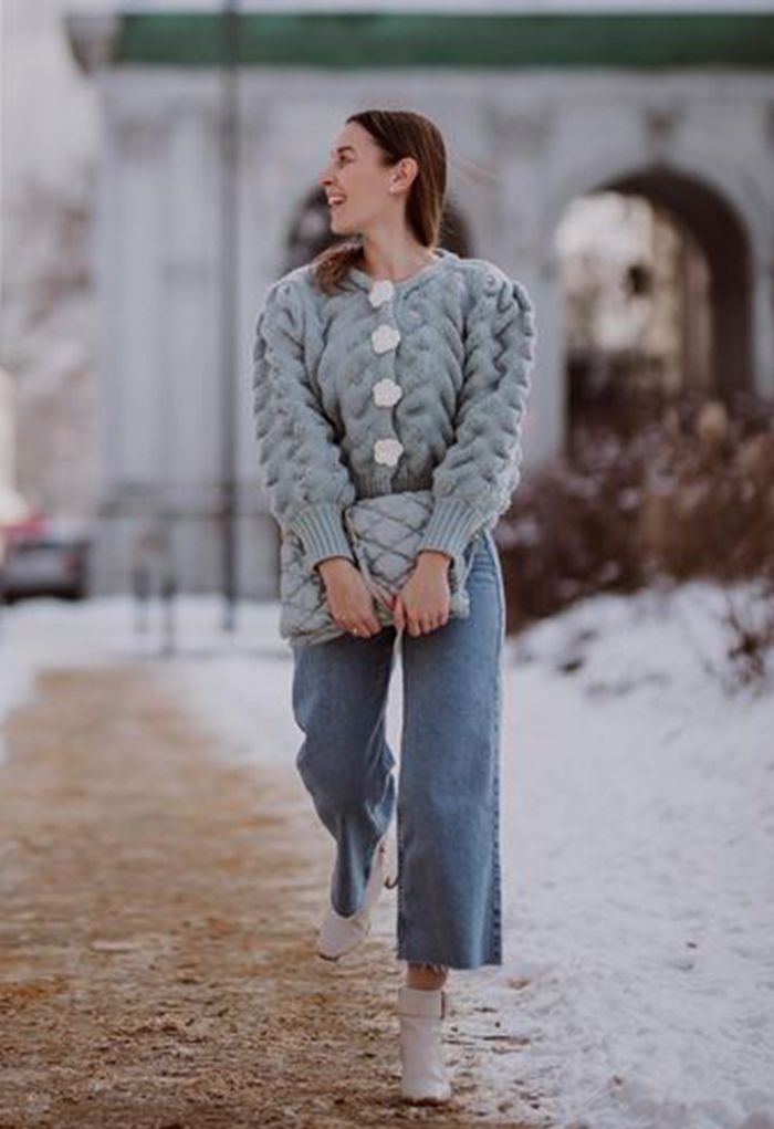 Flowers Button Down Embossed Bubble Sleeves Cardigan in Blue