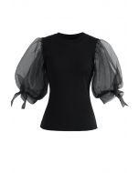 Organza Bubble Sleeves Knit Top in Black