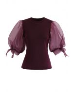 Organza Bubble Sleeves Knit Top in Wine