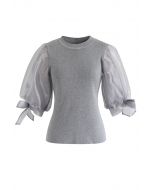 Organza Bubble Sleeves Knit Top in Grey