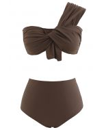 Sweet Knot One-Shoulder Bikini Set in Brown