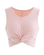 Twist Front Ribbed Sleeveless Low-Impact Sports Bra in Nude Pink