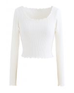 Lettuce-Hem Crop Knit Top in White