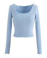 Lettuce-Hem Crop Knit Top in Blue