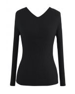 Seamless V-Neck Ribbed Knit Top in Black