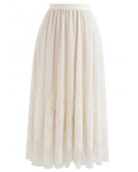 Tassel Lace Double-Layered Tulle Mesh Skirt in Cream