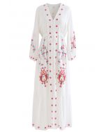 Button Down Embroidered Boho Maxi Dress