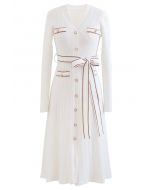 Shimmer Contrast Line Buttoned Knit Dress in White