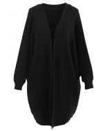 Batwing Ribbed Knit Longline Cardigan in Black