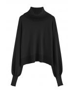 Turtleneck Side Buttons Slouchy Knit Top in Black