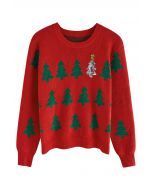 Sequined Christmas Tree Knit Sweater in Red