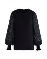 Paisley Crochet Sleeve Knit Top in Black