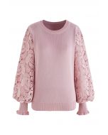 Paisley Crochet Sleeve Knit Top in Pink