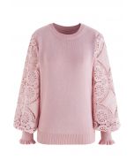 Floral Crochet Sleeve Knit Top in Pink