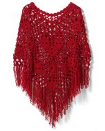 Delicate Hand-knit Fringe Cape in Red 