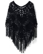 Delicate Hand-knit Fringe Cape in Black