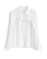 Crystal Ruffle Sleeve Satin Shirt in White