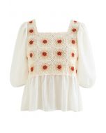 Boho Cream Floral Crochet Spliced Top