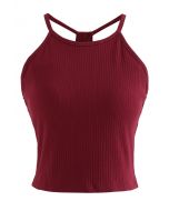 Halter Neck Racer Back Ribbed Top in Burgundy