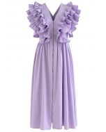 Pleated Ruffle Buttoned Deep V-Neck Dress in Lilac