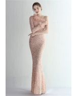 One-Shoulder Organza Trim Sequined Gown in Dusty Pink